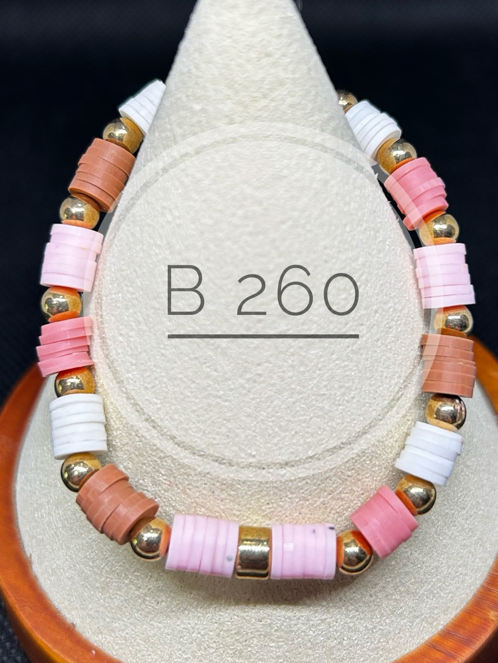 Beaded Pink & White Stretch Bracelet with Gold Accents